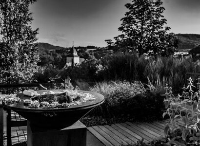 Poolbau mit Holzterrasse Grill und Bäumen in Dautphetal Buchenau